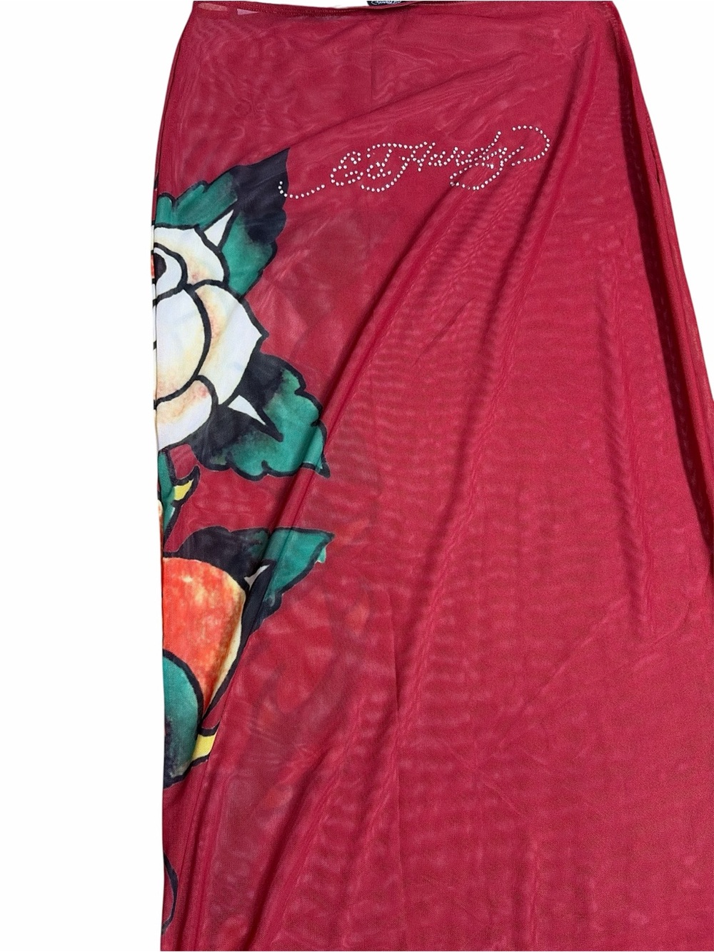 Ed Hardy red mesh cover-up beach skirt set XL rose tattoo rhinestone Y2K NWT - Picture 7 of 8